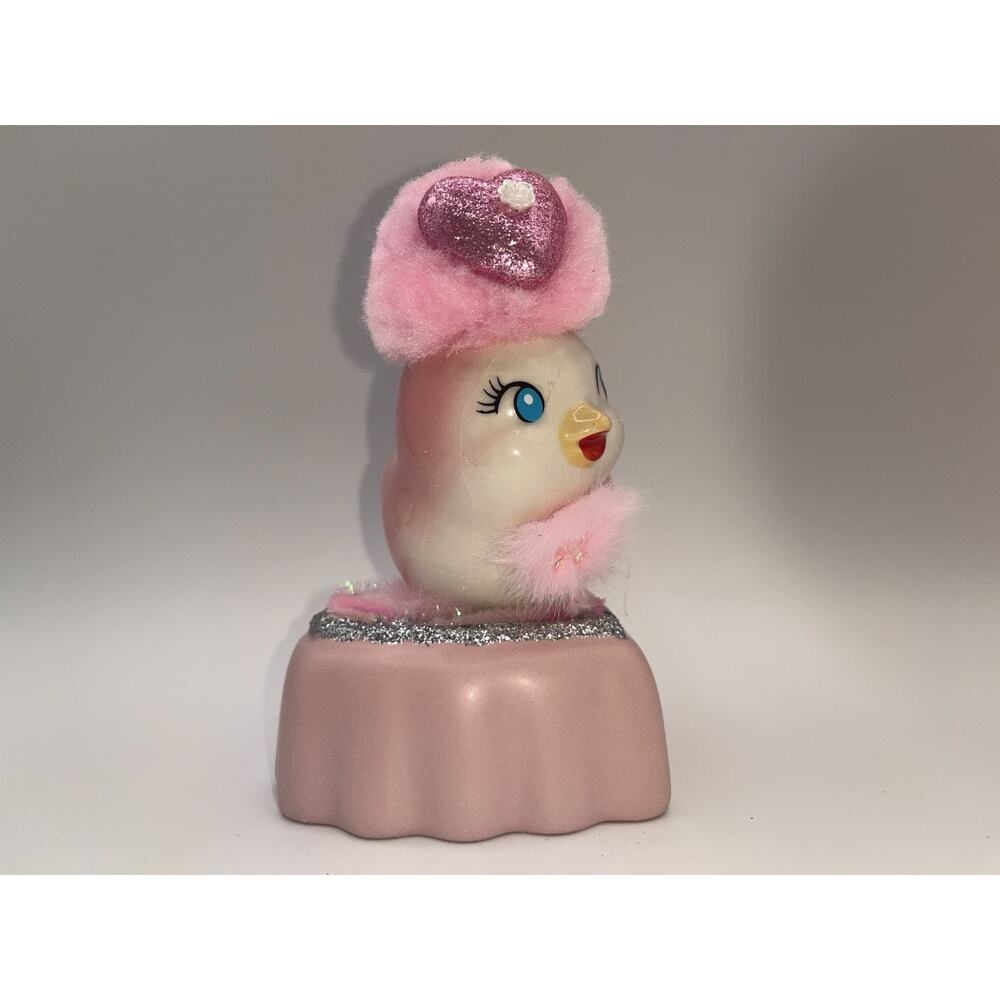 Vintage Pink Ceramic Bird Valentine Day Pink Heart Poofy Hat Fur Princess OOAK - Picture 9 of 16